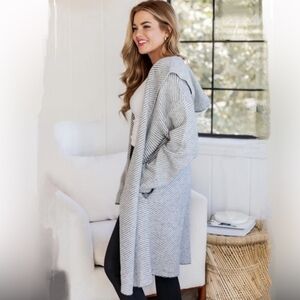 Pink Lily Gray Striped Hooded Sweater/Duster EUC